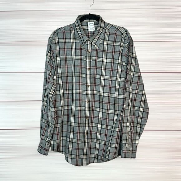 Brook Brothers Flannel Shirt Supima Cotton Gray Plaid Regent Fit sz L Excellent - Picture 1 of 9